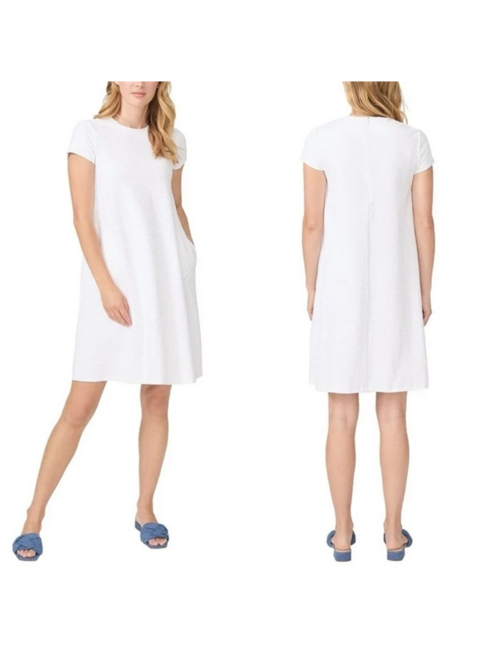 J.McLaughlin White geometric jacquard Shift Dress Size Small Short Sleeve Pocket